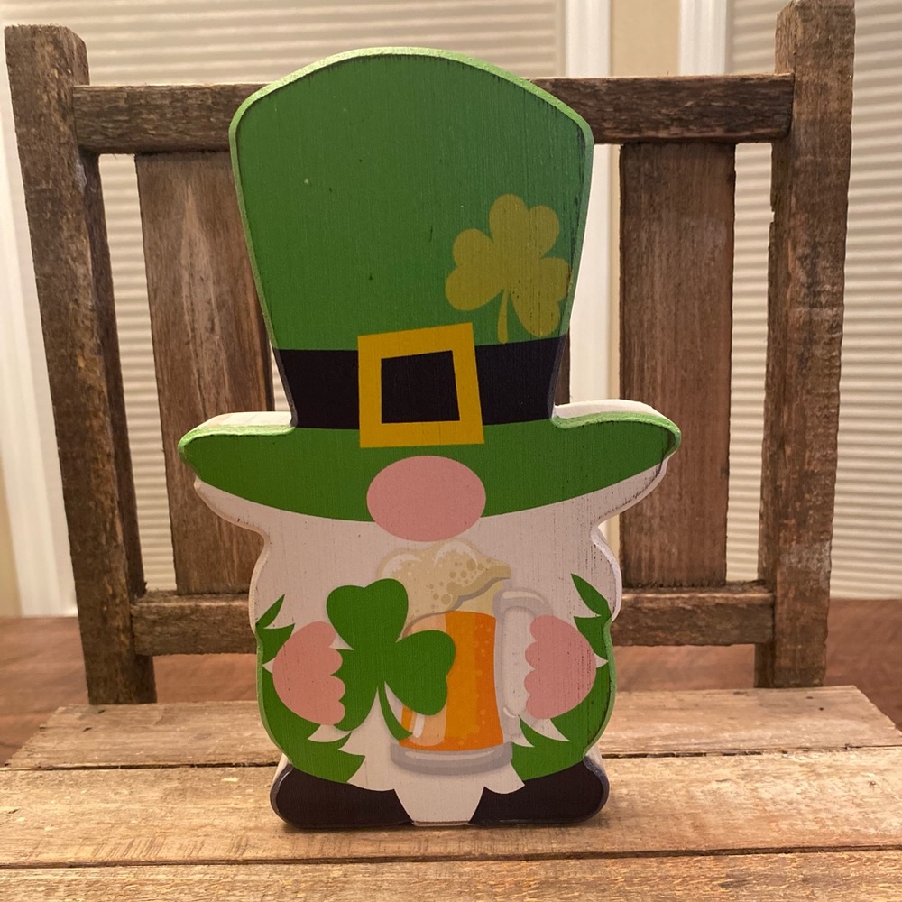 St. Patricks Day Beer Drinking Gnome Wood Sign For Tier Trays Tabletop or Shelf